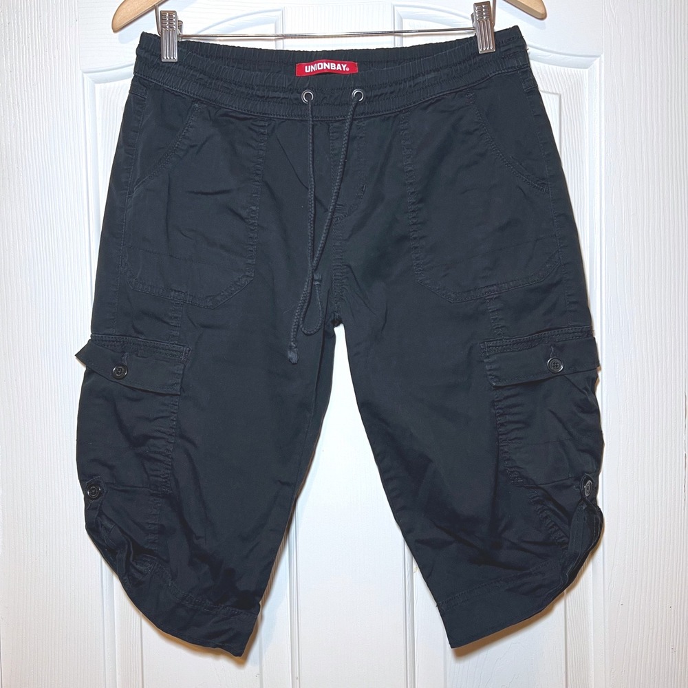 Unionbay Womens Black Cargo Capri Pants Elastic Waist Drawstring Size L